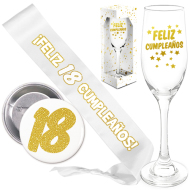 Banda blanca feliz cumpleaños purpurina oro copa cava cumpleaños Inedit Festa Blanco dorado (Banda70) (Mín.6) (Años variados)