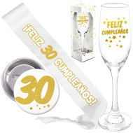 Banda blanca feliz cumpleaños purpurina oro copa cava cumpleaños Inedit Festa Blanco dorado (Banda70) (Mín.6) (Años variados)